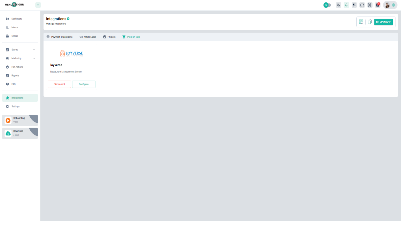 Menu tiger Connect integrations