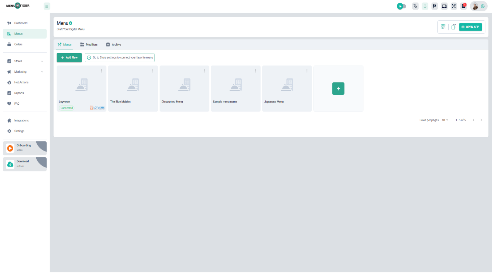 Menu tiger Select menu in store